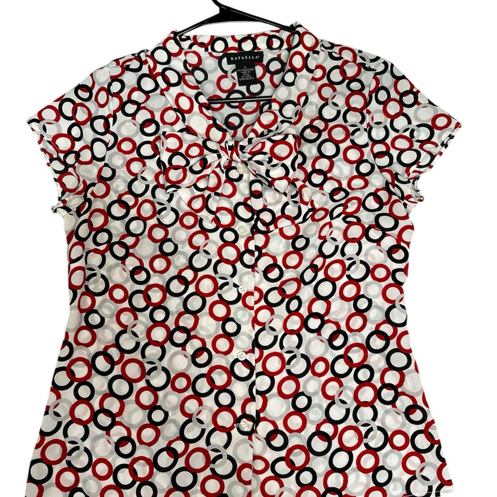 Rafaella Women's Tie Neck Blouse Size 6 Circular Print Bow Front‎ Top